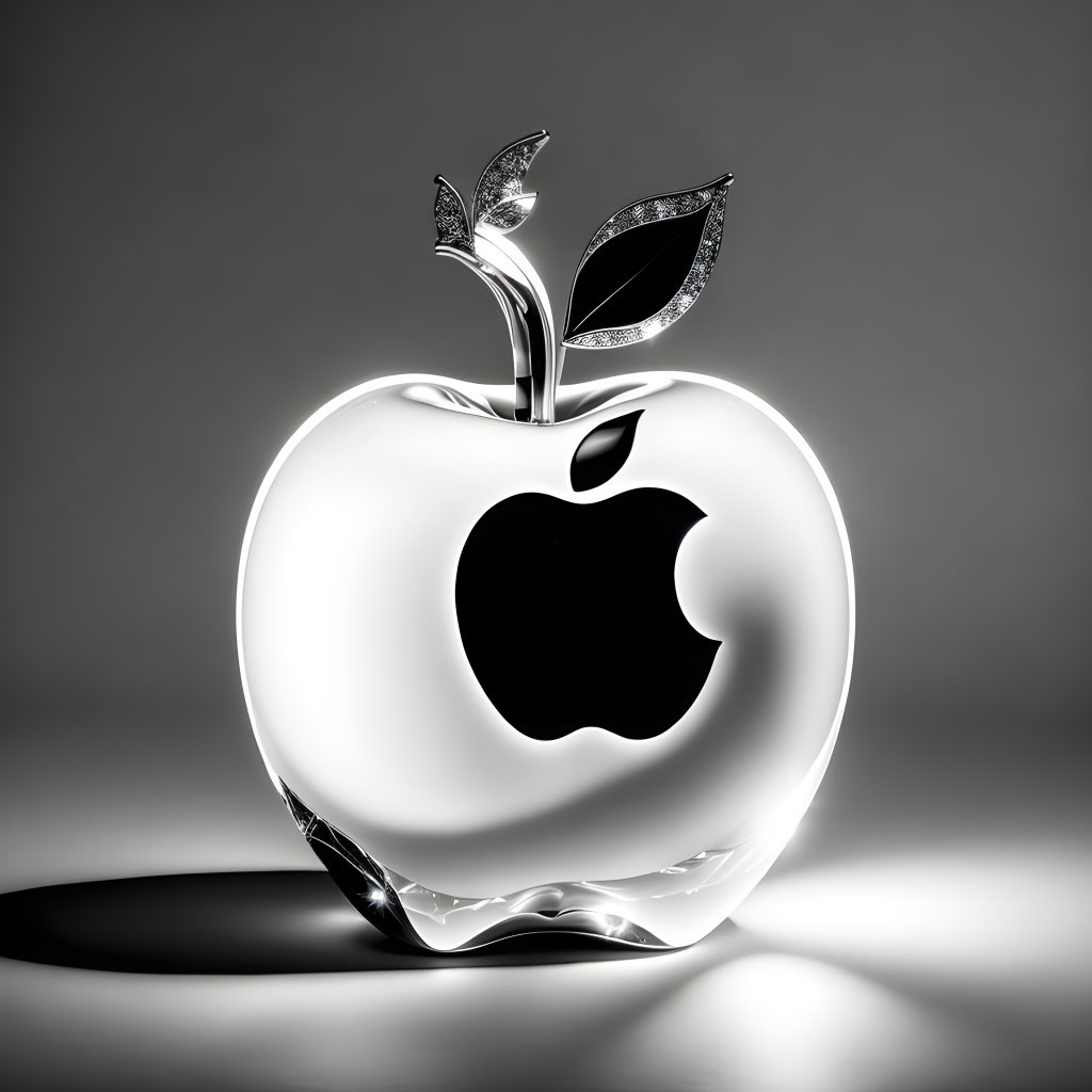 Shiny metallic apple with stylized bite on gradient background