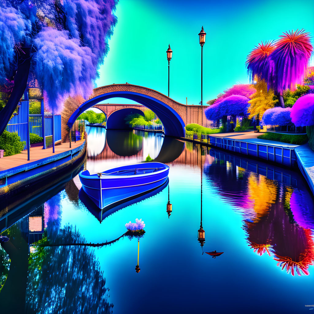 Serene digital artwork: colorful boat under bridge in fantastical flora.