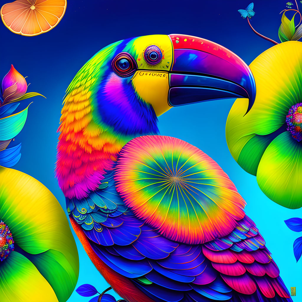 Colorful Toucan Digital Illustration with Rainbow Plumage & Tropical Flora