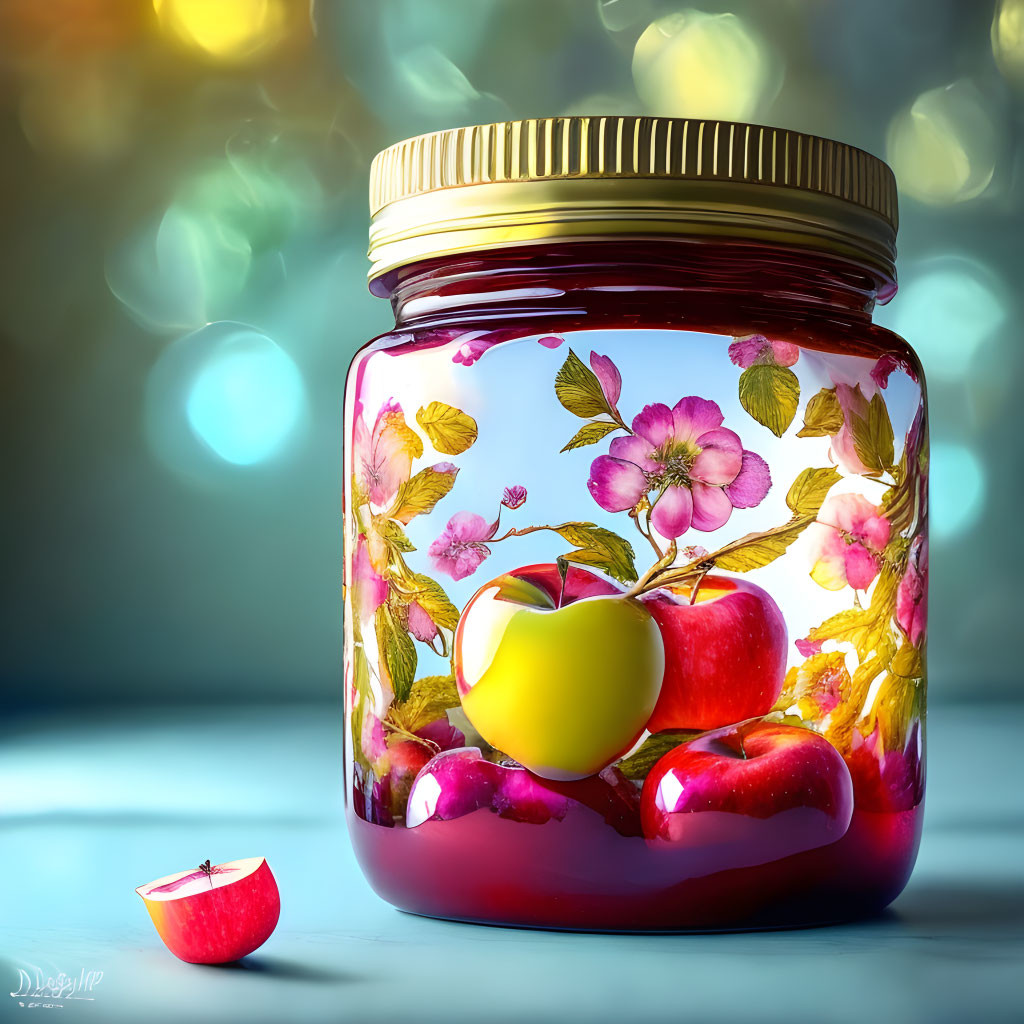 Vibrant glass jar with floral patterns, red and yellow apples, on bokeh light background