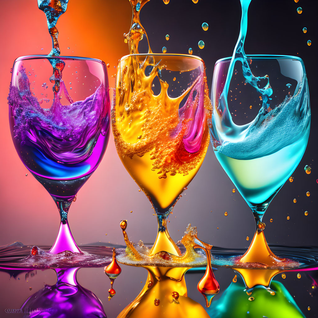 Colorful splashing wine glasses on vibrant background with shiny reflection