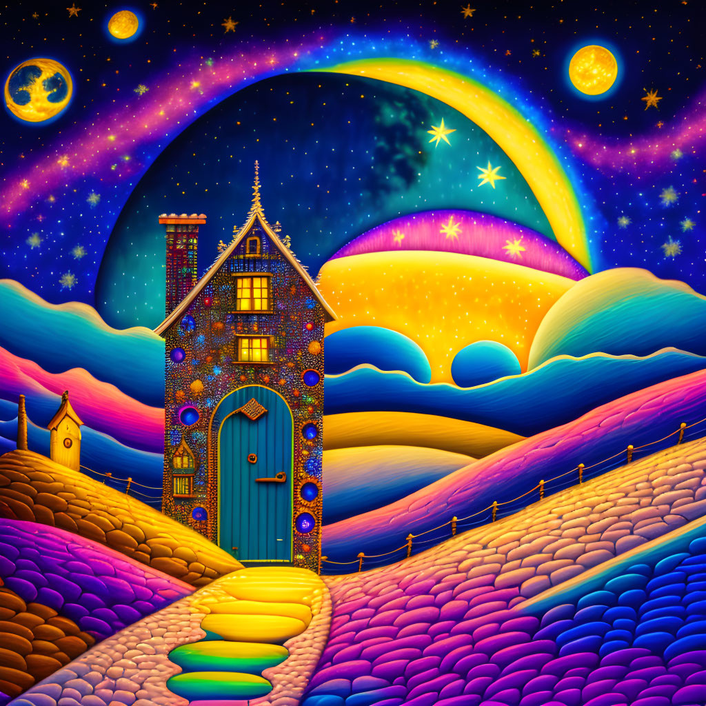 Colorful fantasy landscape with whimsical house, night sky, moon, planets, and pathway