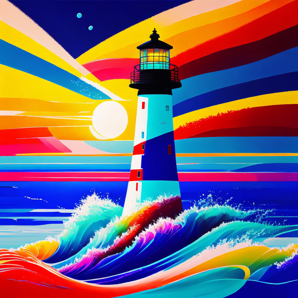 Colorful artwork of lighthouse with crashing waves and sun in vibrant setting