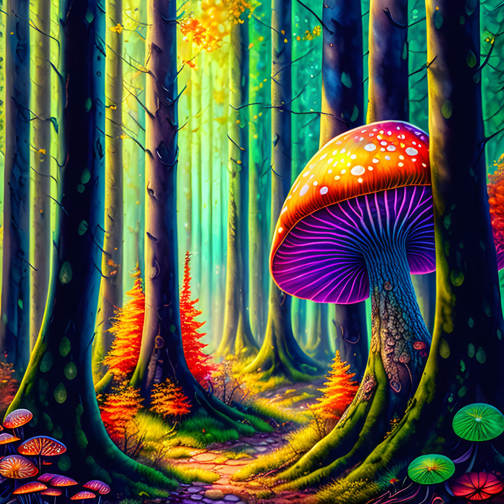 Colorful Mushroom in Fantasy Forest with Illuminated Path