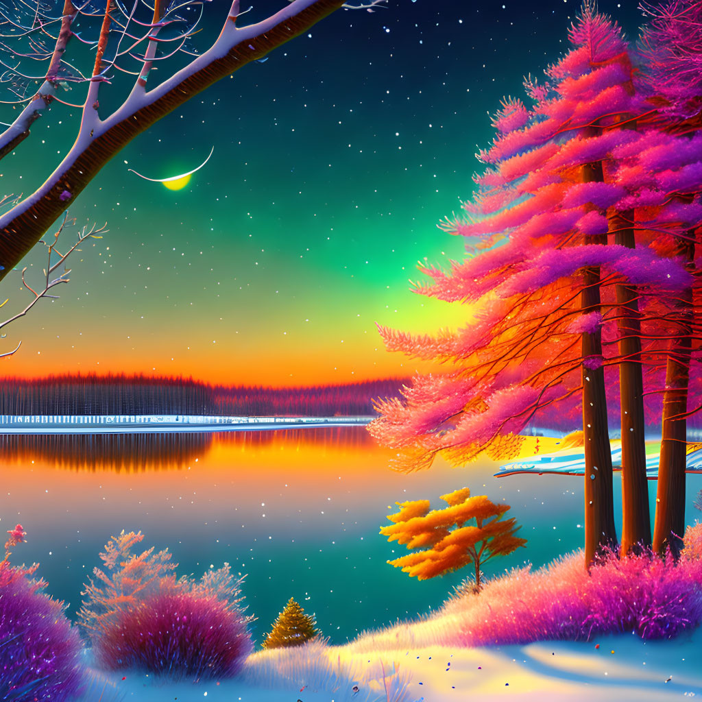 Pink Snowy Trees in Aurora Sky Landscape with Crescent Moon