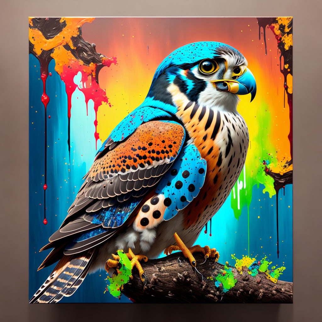 Colorful Peregrine Falcon Artwork with Splatter Background