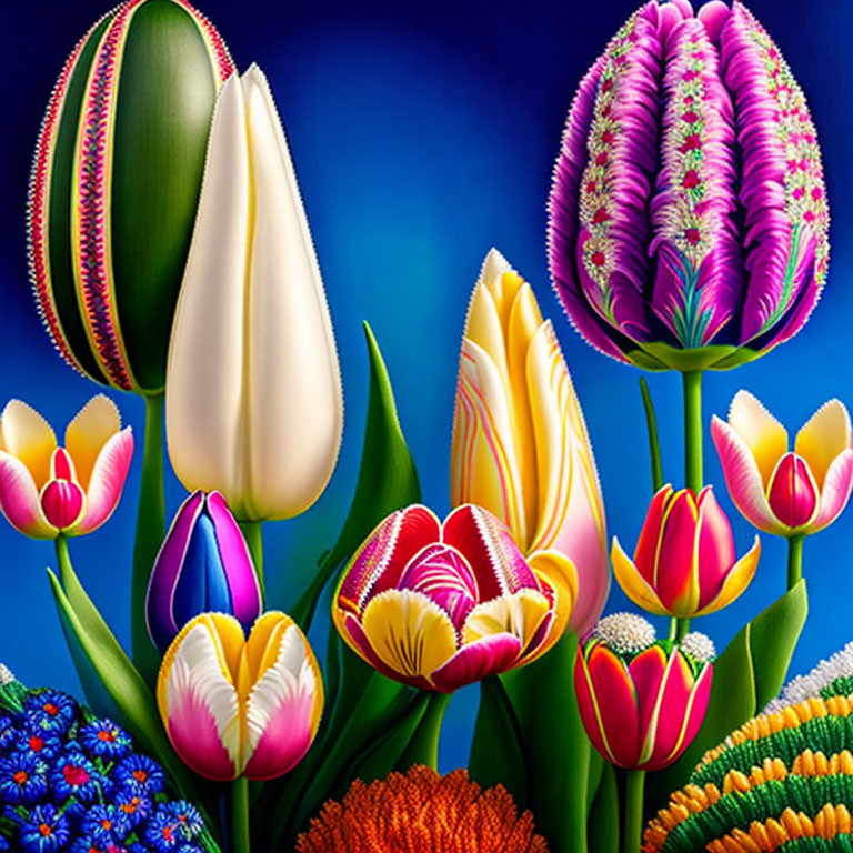 Colorful Tulip Artwork on Blue Background with Detailed Petal Patterns