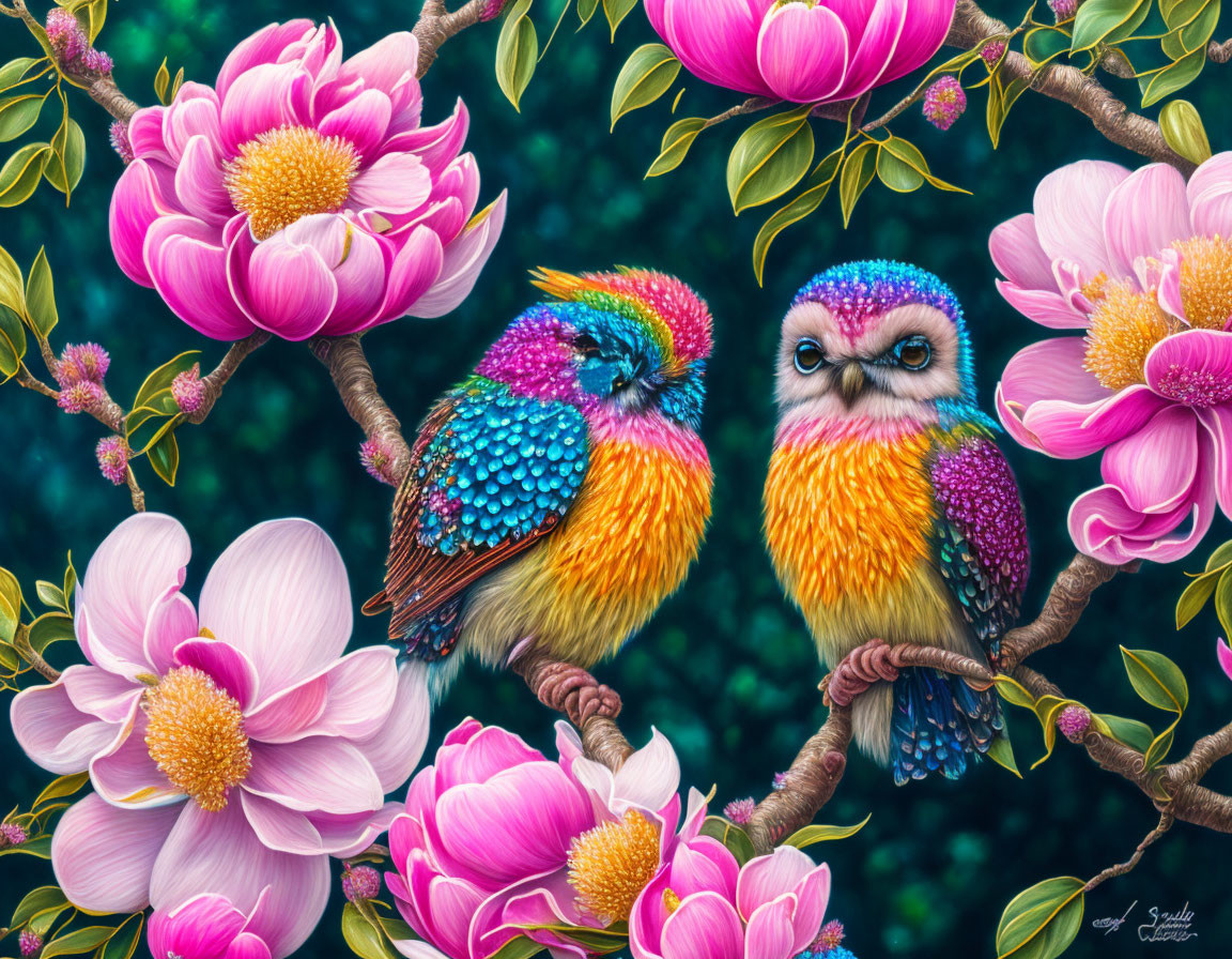 Colorful Owls Among Pink Magnolias and Foliage