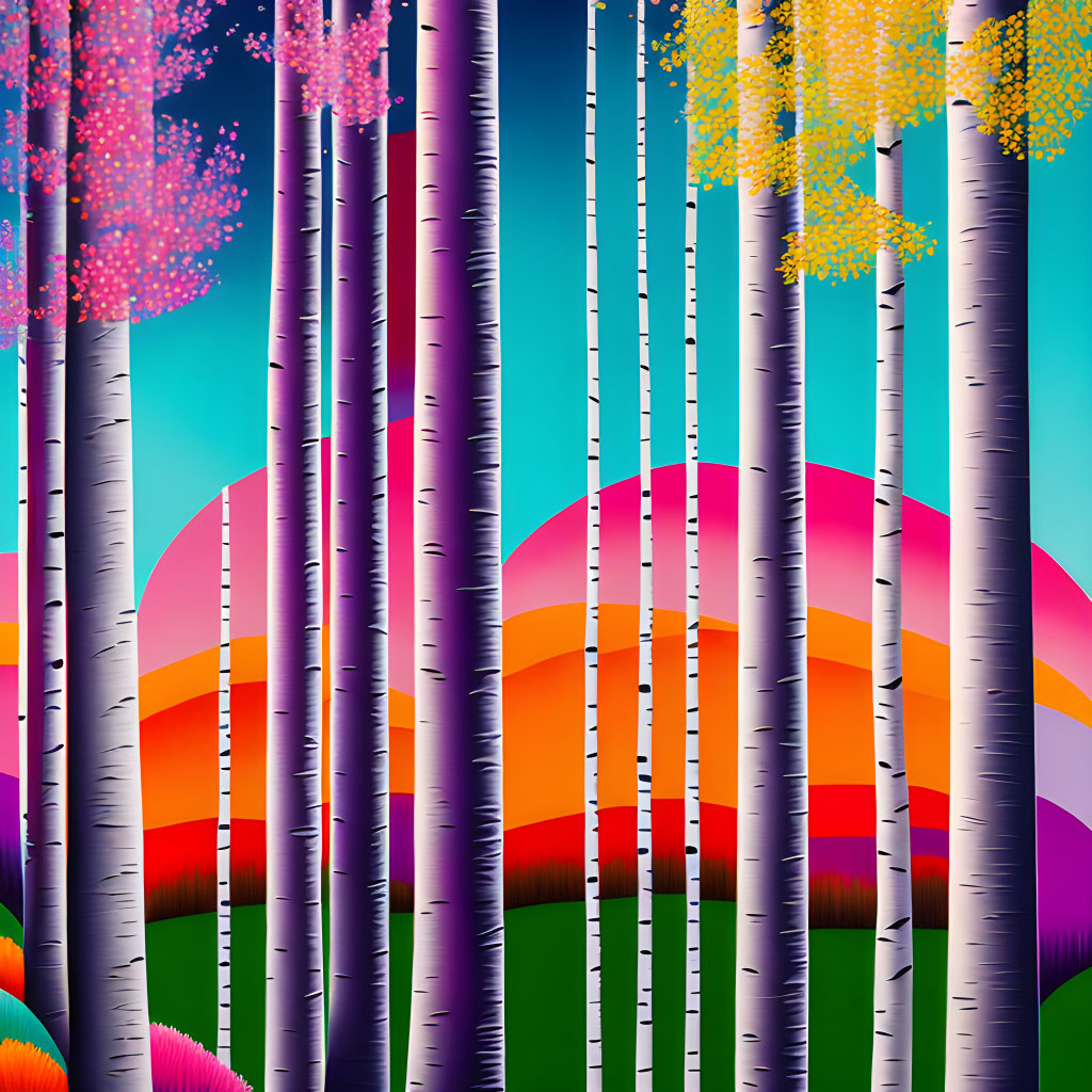 Vibrant birch tree forest illustration with colorful sunset backdrop