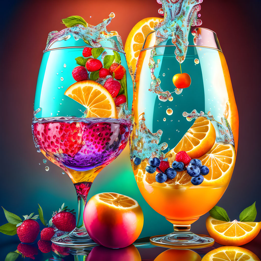 Colorful fruit-flavored beverages with fresh fruits on moody background