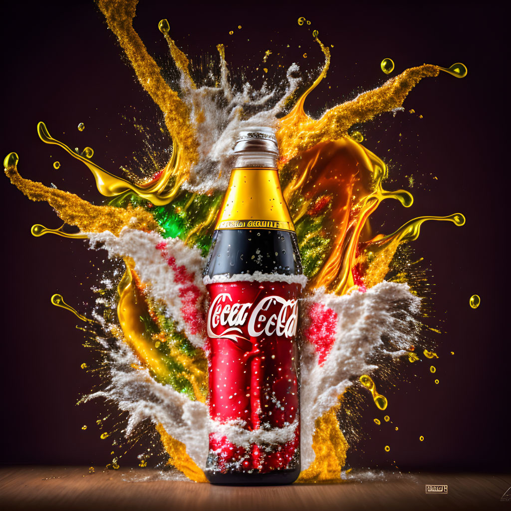 Colorful liquid splash around Coca-Cola bottle on brown surface