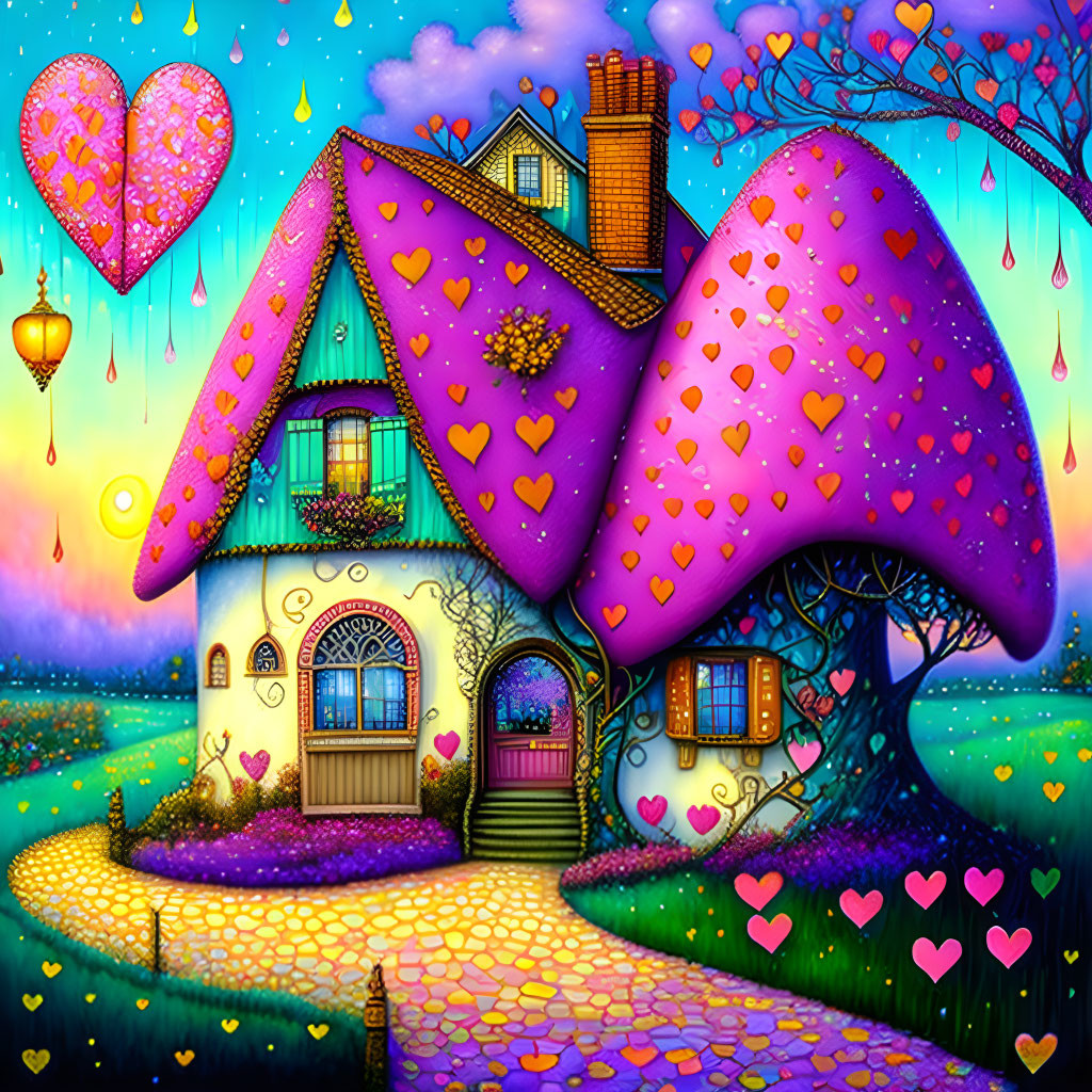 Colorful heart-themed house illustration with pink roof and balloons