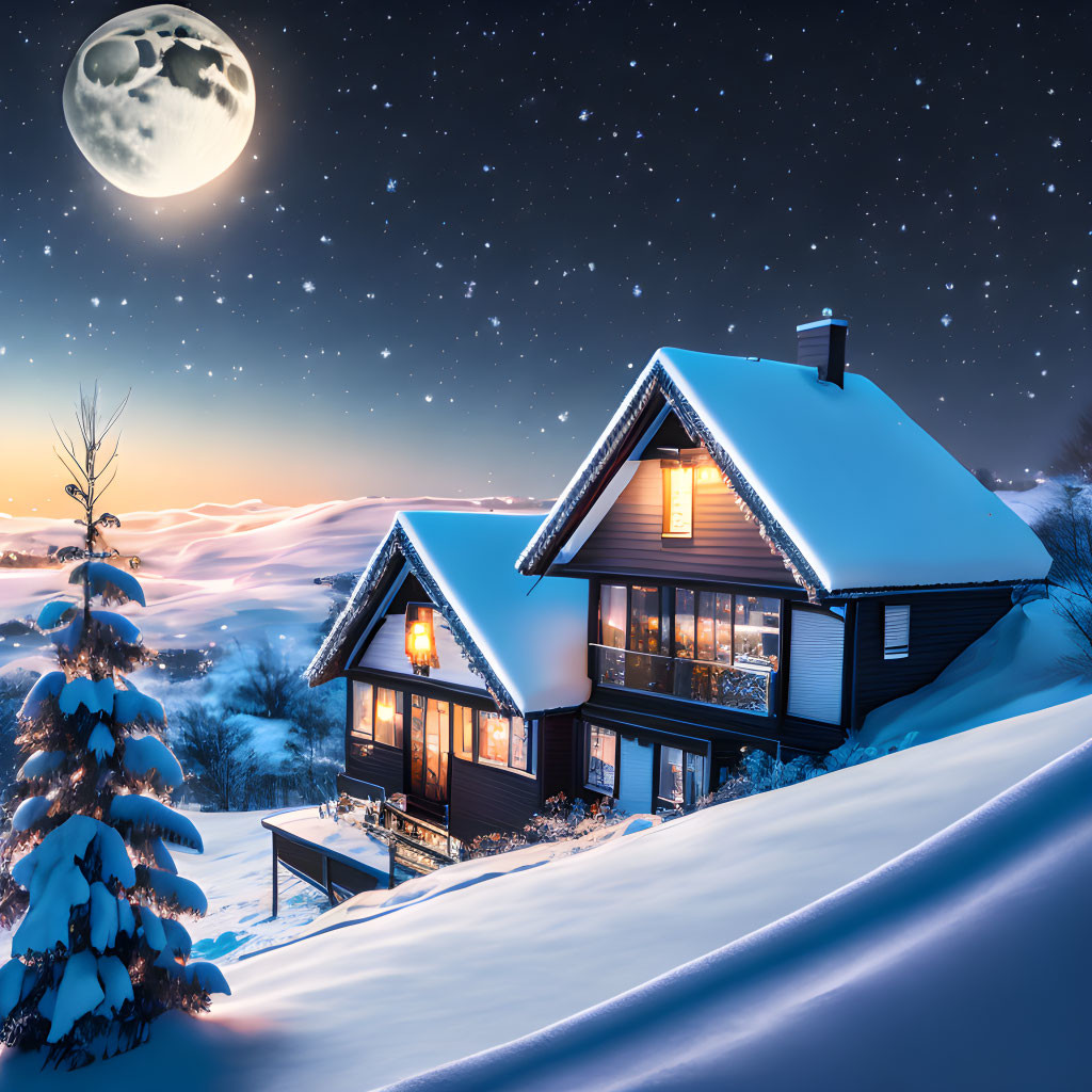 Snowy roof house under starry sky on winter night