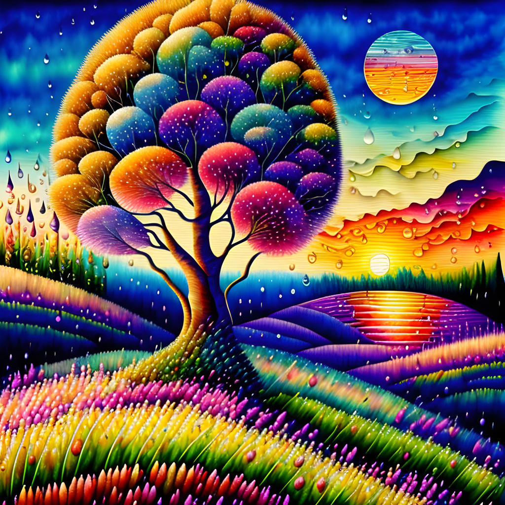 Colorful Tree and Moon in Surreal Landscape