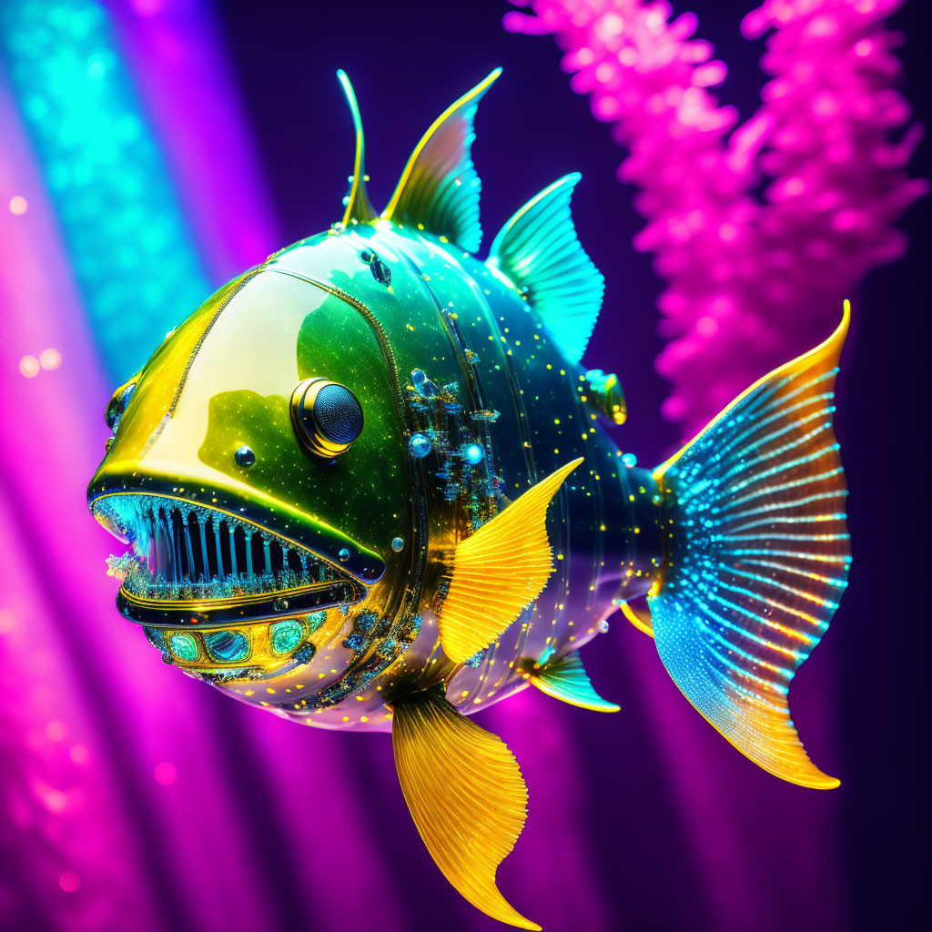 Colorful mechanical fish with yellow fins and green scales on vibrant background.