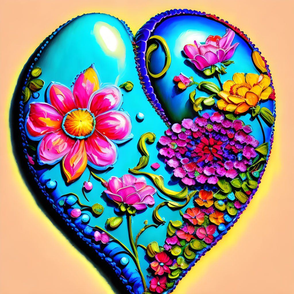 Colorful Heart-Shaped Artwork with Glossy Finish and Floral Design