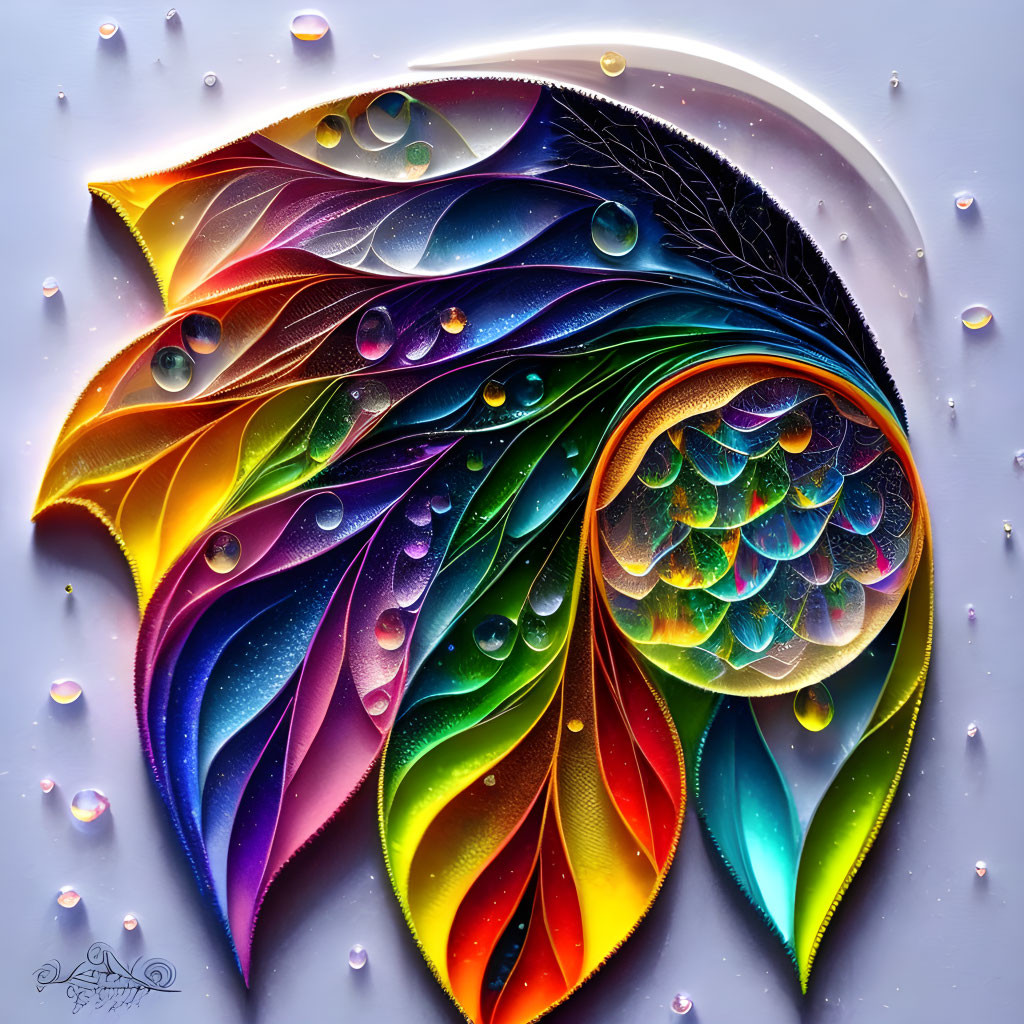 Colorful fractal leaf with water droplets: A vibrant digital artwork