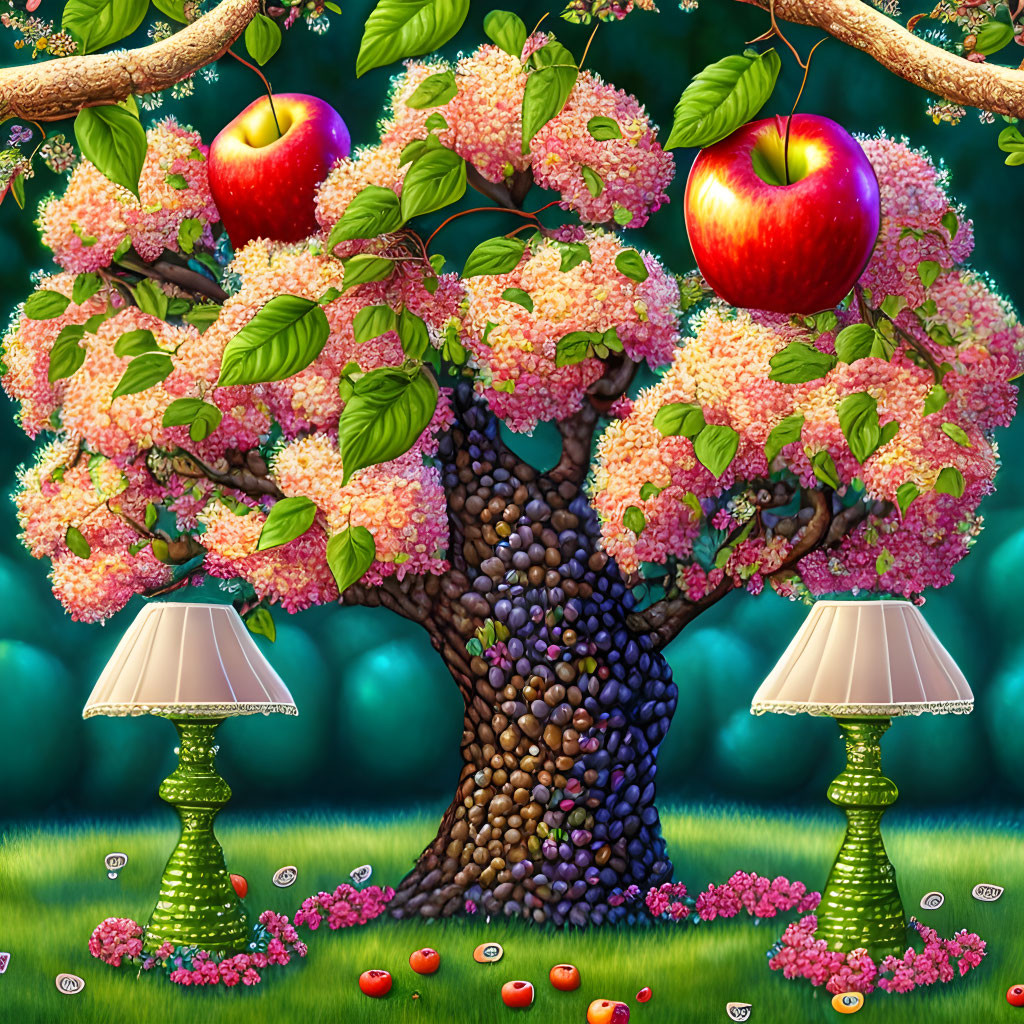 Whimsical tree illustration with pink blooms, red apples, lamps, and lush green background