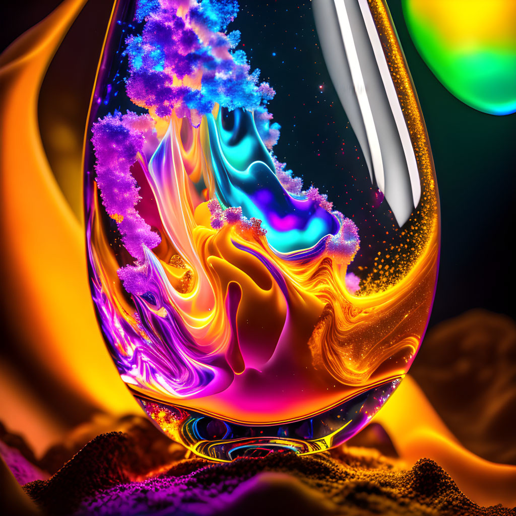 Colorful Liquid Swirl in Droplet Amid Mystic Landscape