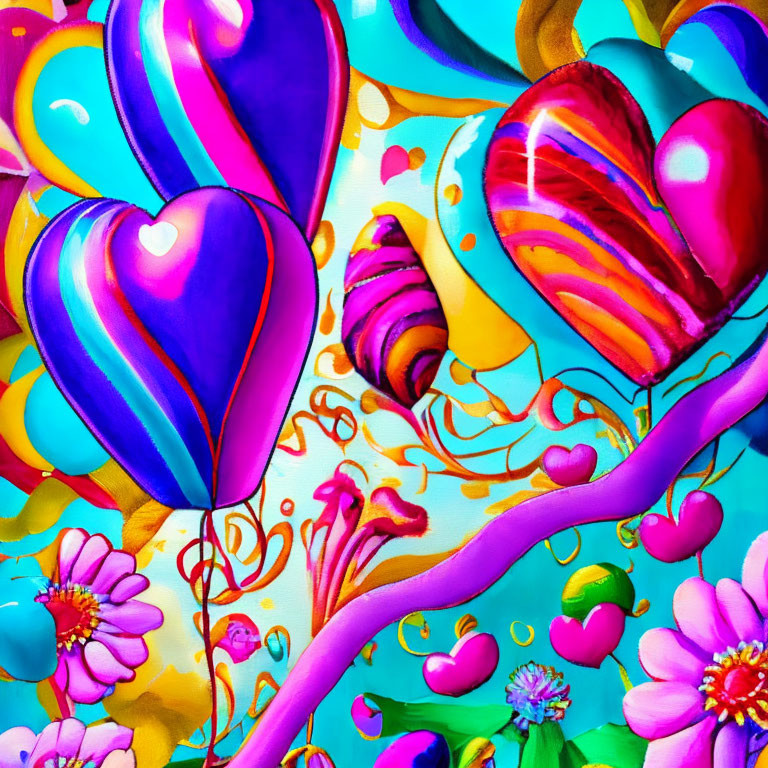 Colorful Heart and Flower Artwork with Swirling Designs