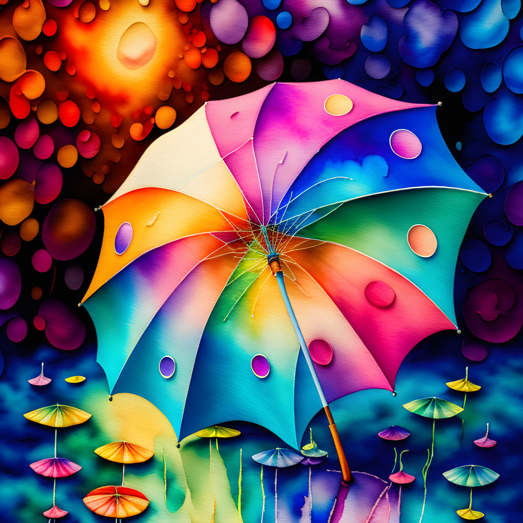 Multicolored umbrella in rain with bokeh lights