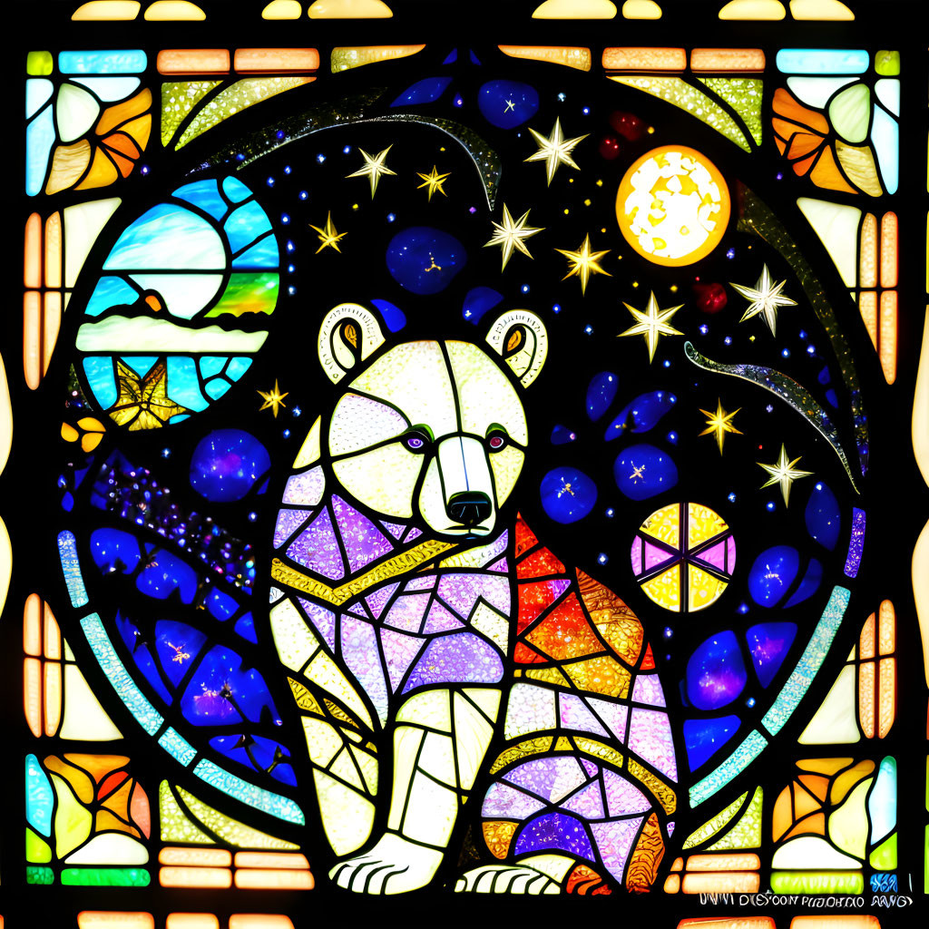 Geometric bear in celestial-themed stained glass art.