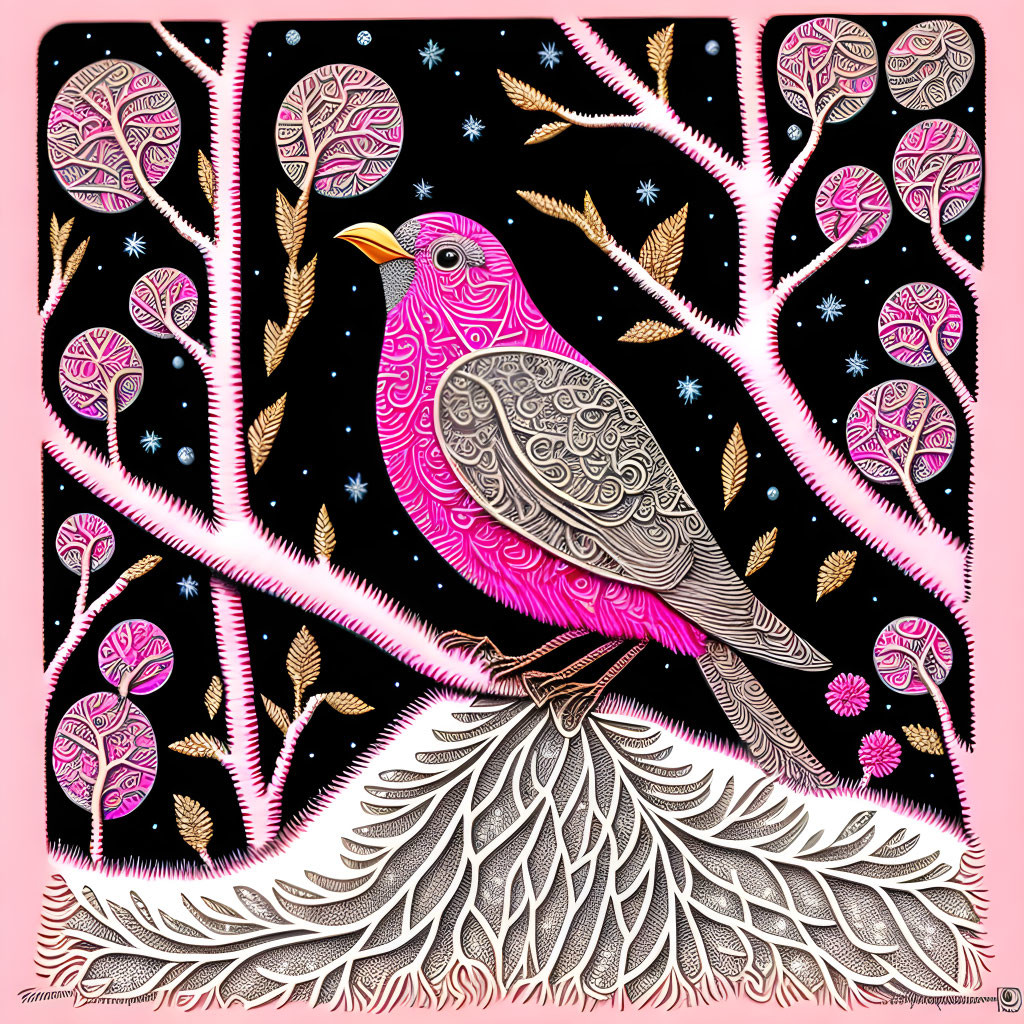 Pink bird with intricate patterns perched on ornate foliage in cosmic setting.