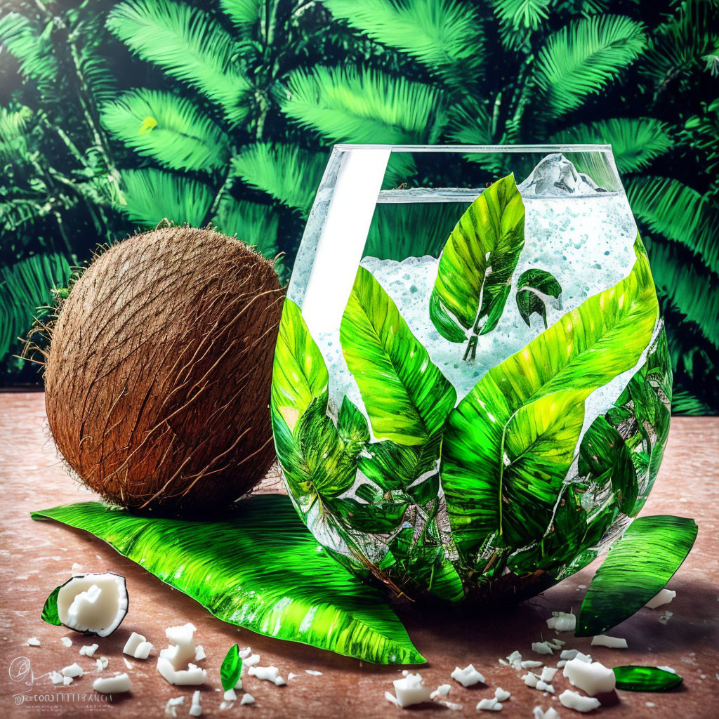 Tropical coconut and frothy drink with green leaves in vibrant image