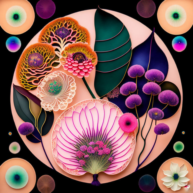 Colorful digital artwork: stylized botanical patterns in pink, purple, green, and orange on dark