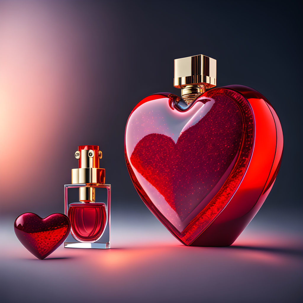 Red gradient heart-shaped perfume bottles on soft pink backdrop