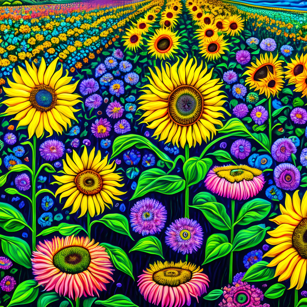 Colorful flower field painting with sunflowers and starry sky