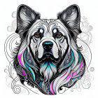 Monochromatic dog illustration with intricate patterns and swirls