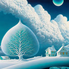 Snow-covered winter village scene with green-roofed houses and bare trees