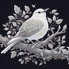 White bird illustration with feather patterns on branch, leaves, and berries on dark blue background