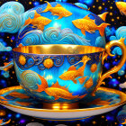 Golden Cup and Saucer with Celestial Patterns on Starry Background