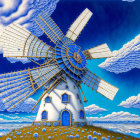 Traditional white windmill under vivid blue sky with fluffy clouds in snowy landscape