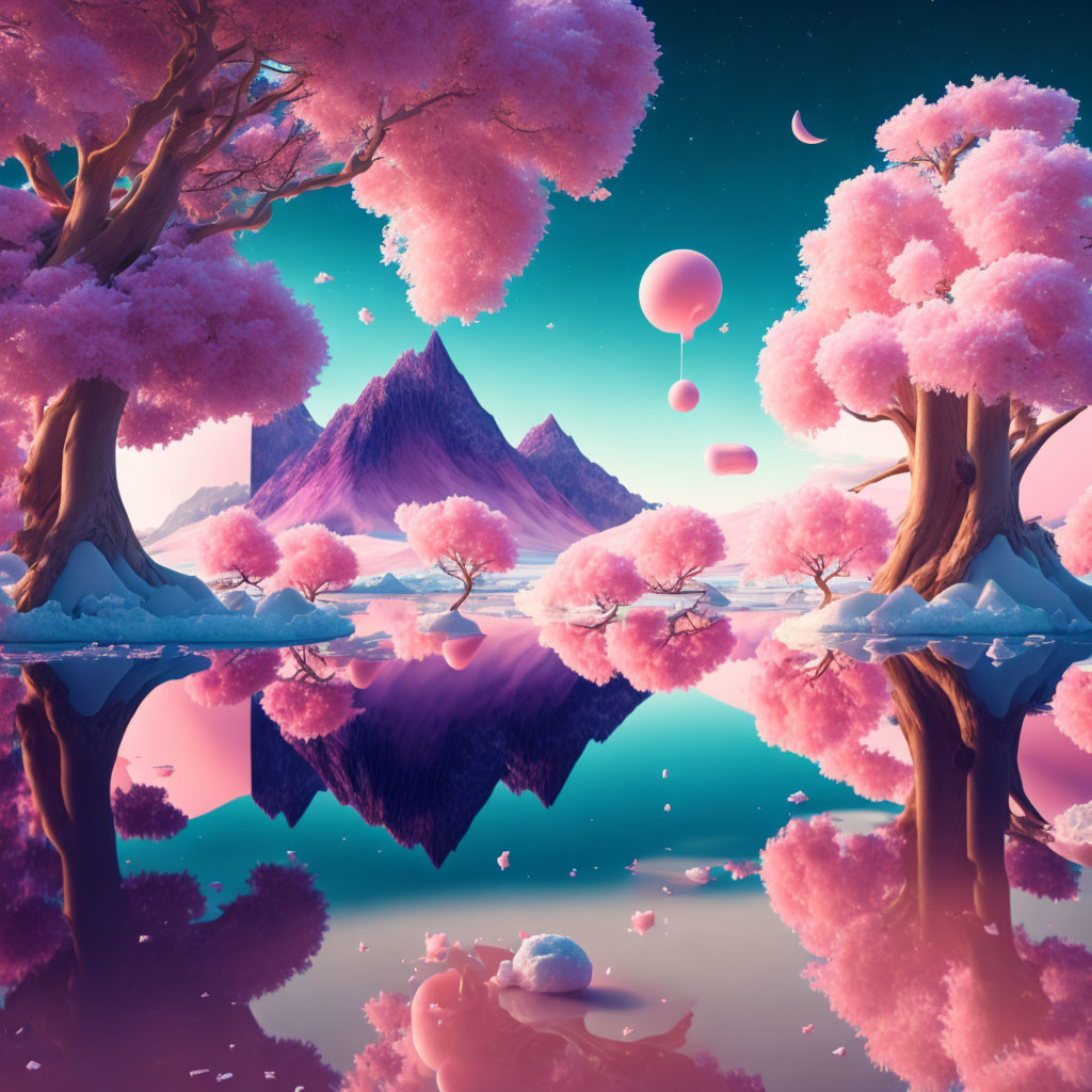 Tranquil cherry blossom landscape with moonlit waters