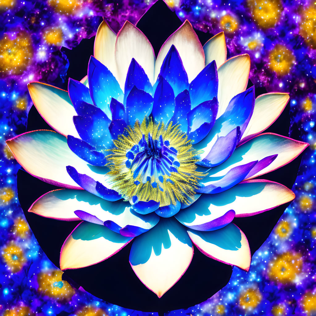 Colorful lotus flower digital illustration on cosmic backdrop