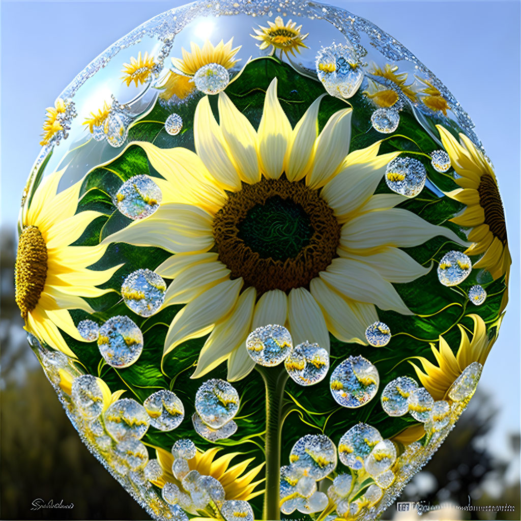 Spherical sunflower illusion against blue sky