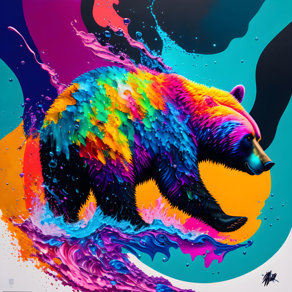 Colorful Digital Artwork: Bear with Paint-Splattered Fur