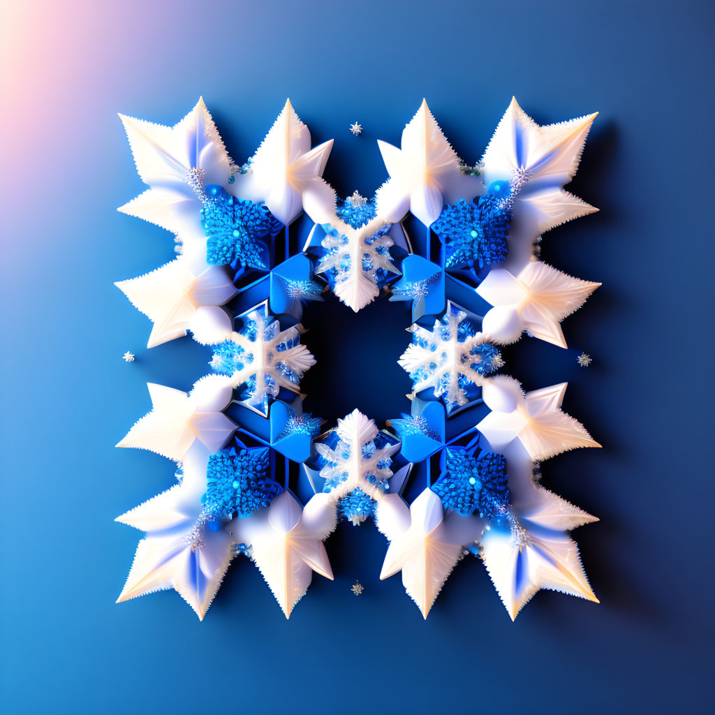 Symmetrical Snowflake Fractal Pattern in Blue and White