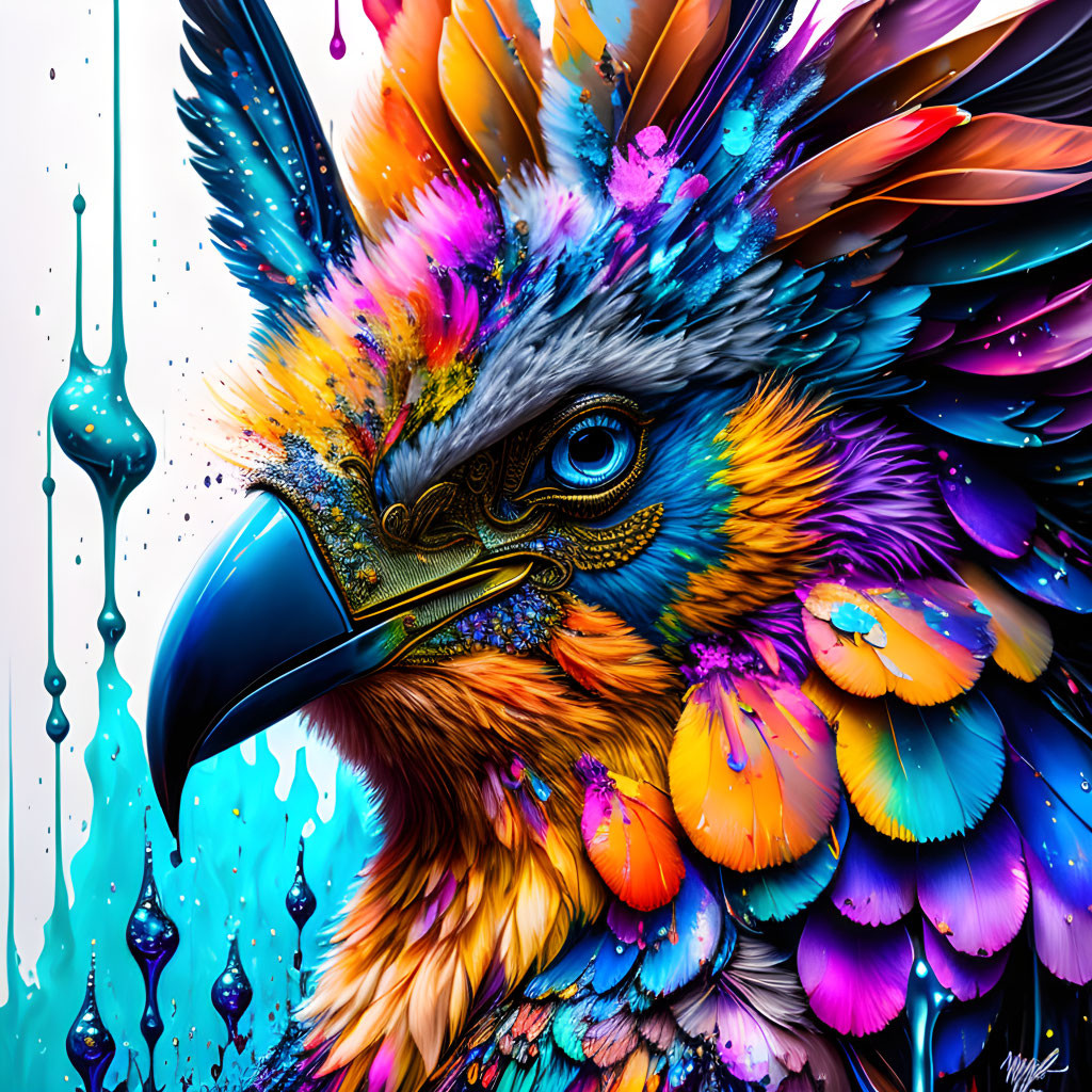 Colorful Eagle Artwork with Blue Ink Droplets on White Background