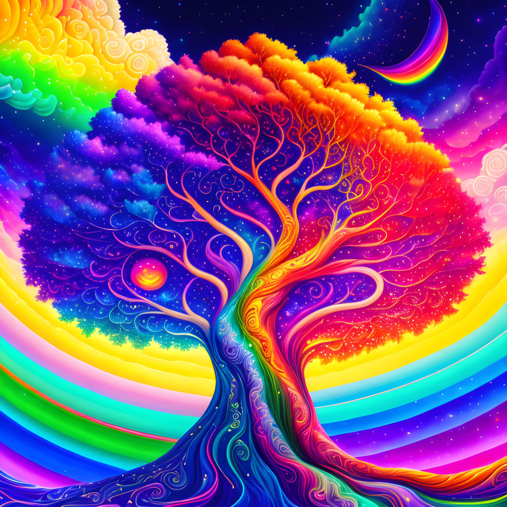 Colorful Tree Against Night Sky with Rainbow Gradient