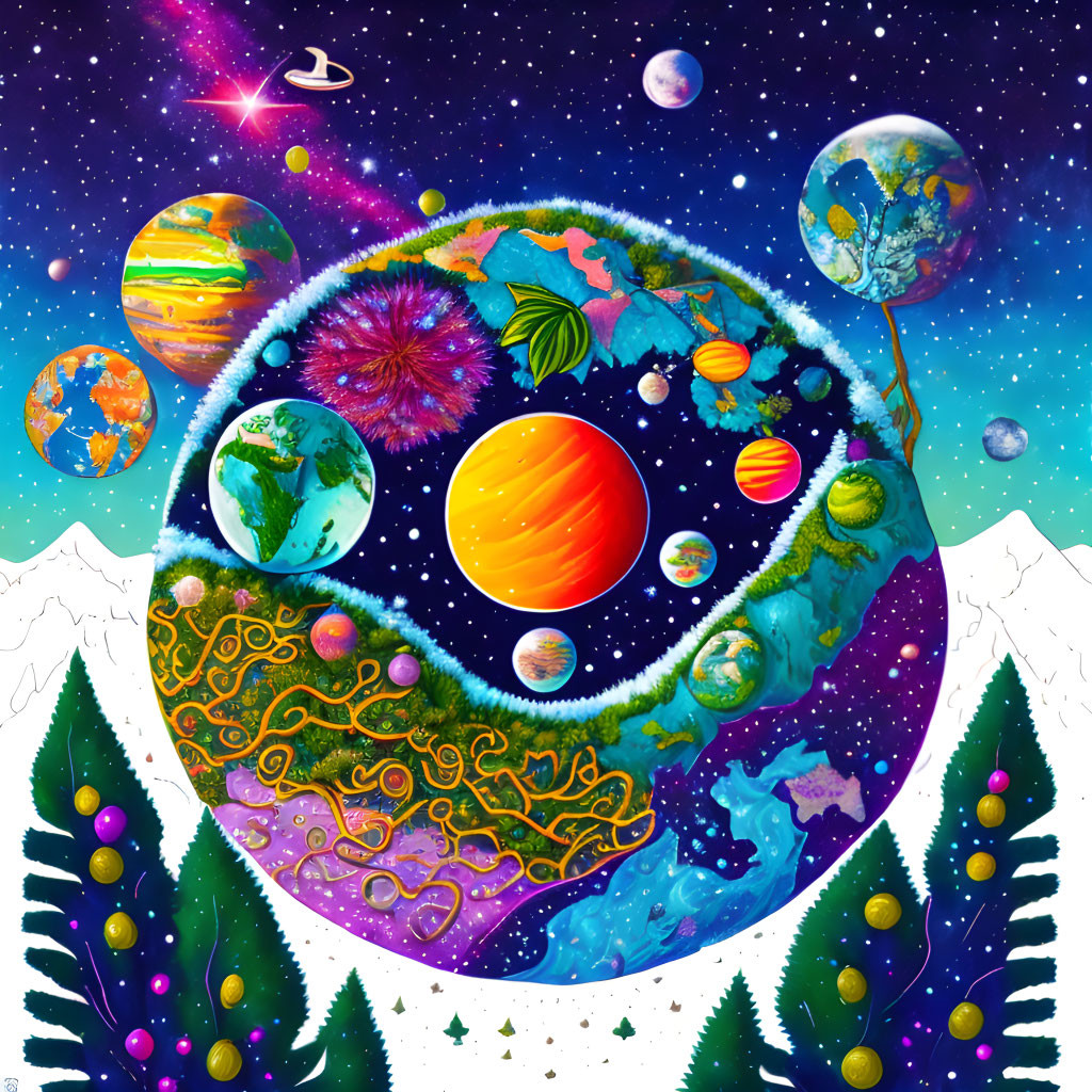 Colorful Cosmic Illustration with Planets and Stars