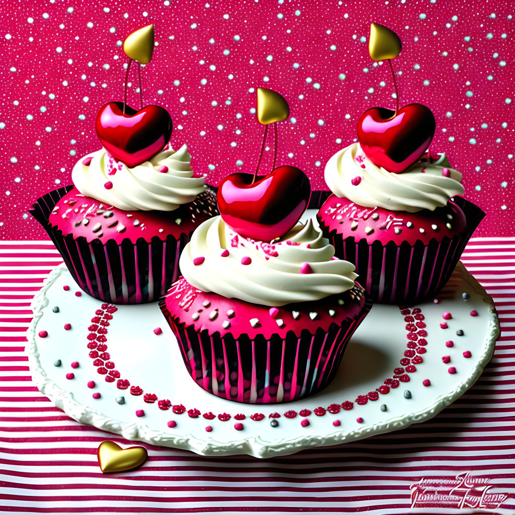 Valentine's Day Cupcakes with White Frosting and Red Heart Decorations