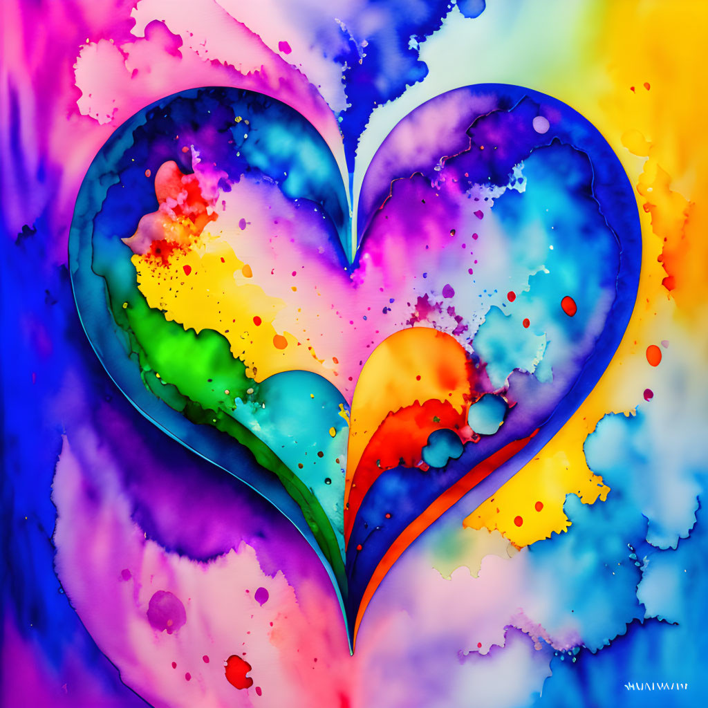 Colorful Watercolor Heart Painting with Blue, Purple, Yellow, and Red Hues