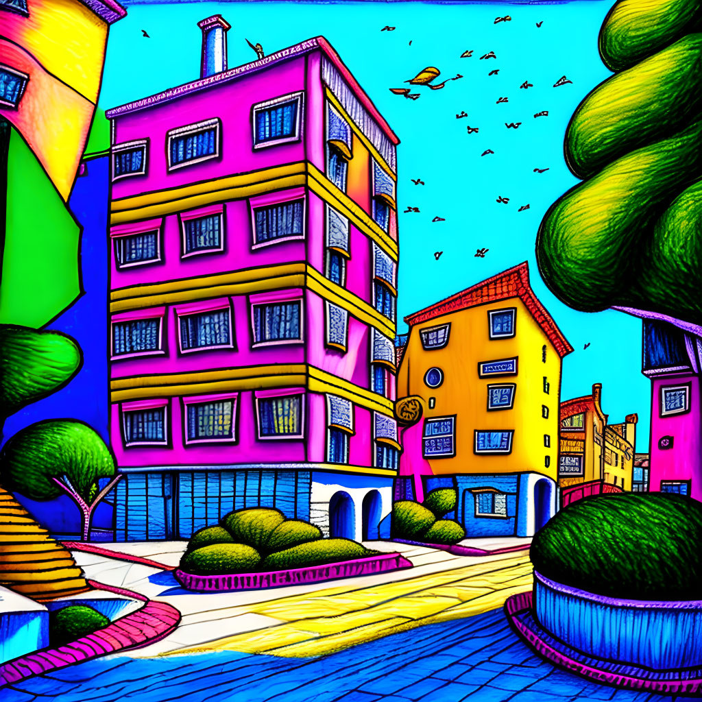 Colorful illustration of whimsical architecture with pink building and topiary trees under blue sky.