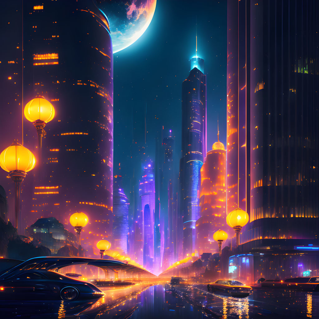 Futuristic neon-lit cityscape with skyscrapers, flying cars, and large moon