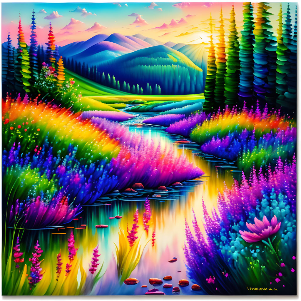 Vibrant landscape painting with river, flowers, hills, and sunset