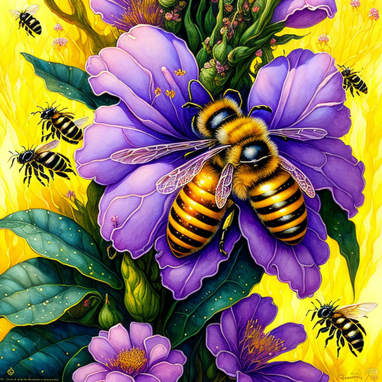 Detailed illustration of vibrant bee surrounded by smaller bees, purple flowers, yellow background